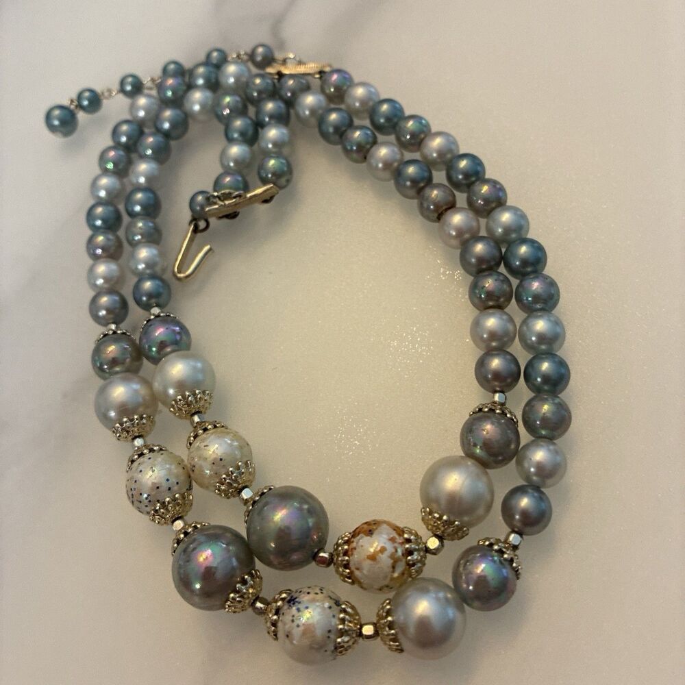 VINTAGE Linser 1970s PEARL with IRIDESCENT Double Strand NECKLACE